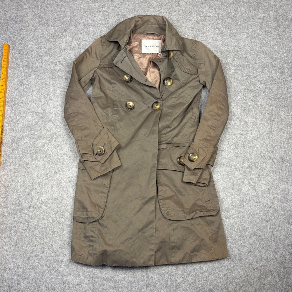 Zara Basic Womens Trench Coat Small Olive Drab Double Breasted Light Jacket